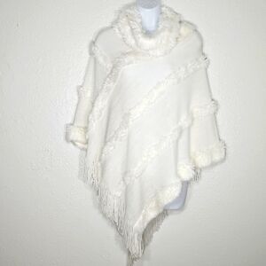 Pinklicious Winter White Asymmetrical Fuzzy Fringe cowl neck Pullover Poncho
